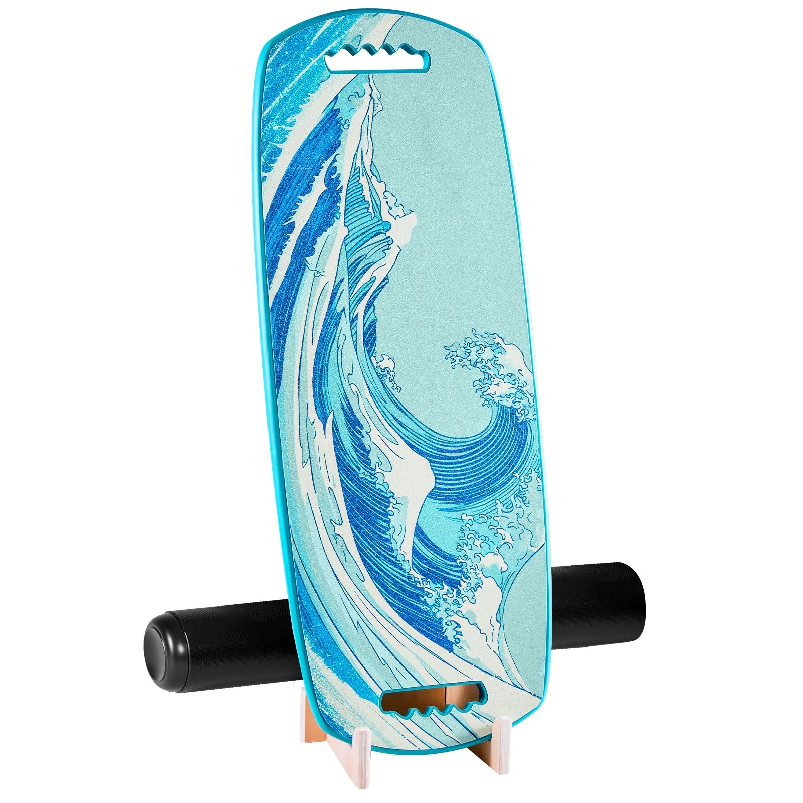 Wooden Balance Board Trainer with Roller, Adjustable Stoppers, and Storage Rack, Ideal for Core Exercises, Surf Training, and Physical Therapy, Blue