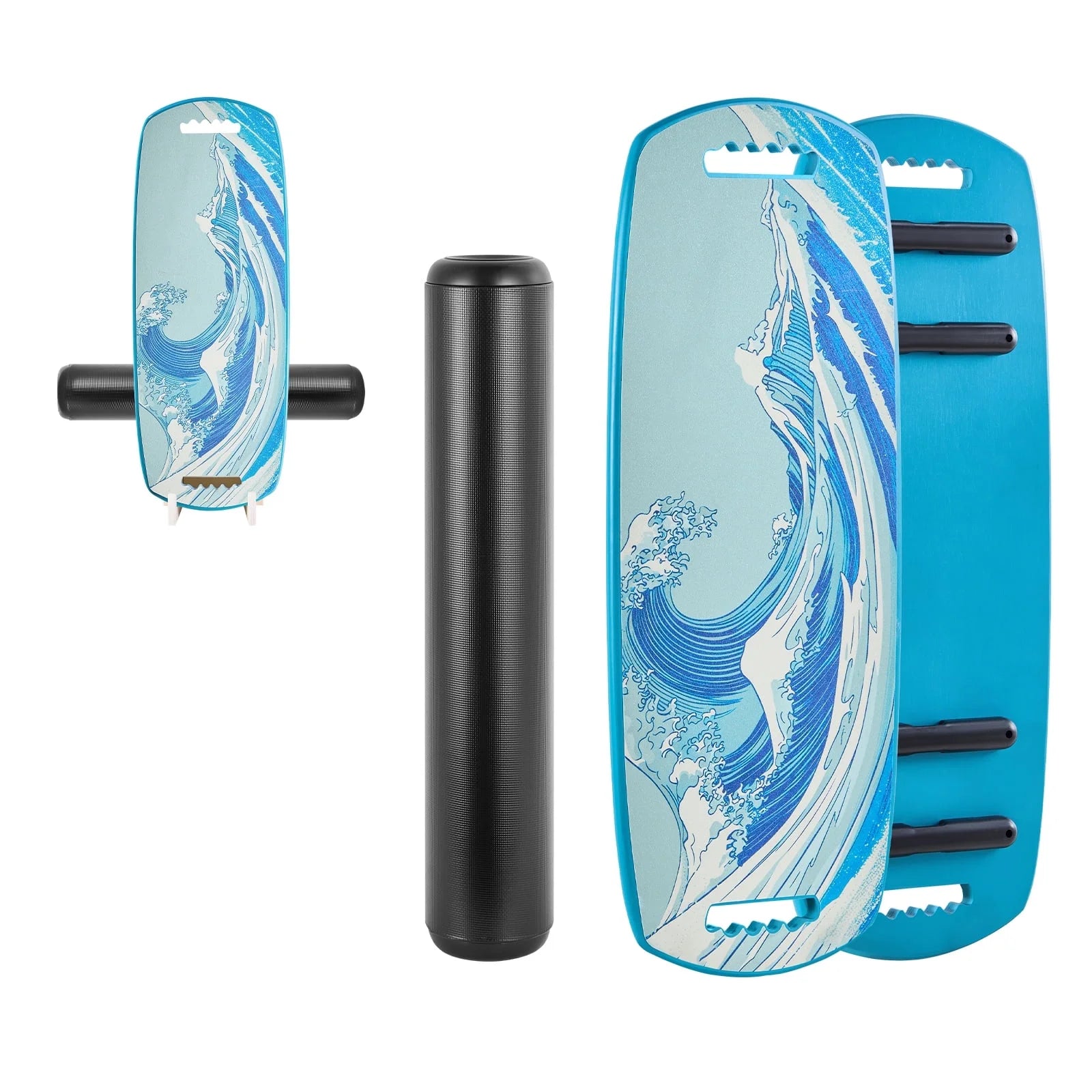 Wooden Balance Board Trainer with Roller, Adjustable Stoppers, and Storage Rack, Ideal for Core Exercises, Surf Training, and Physical Therapy, Blue