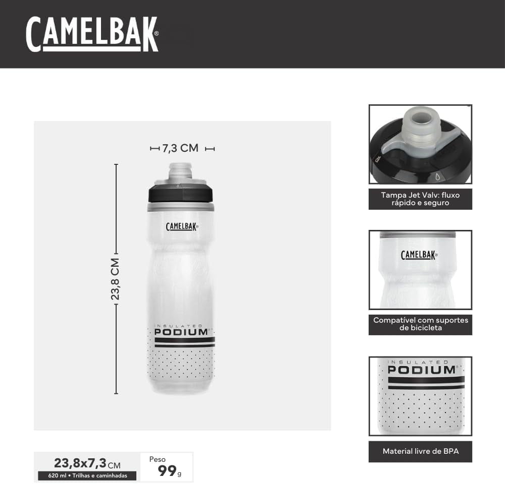 Camelbak Podium Chill Water Bottle 21Oz, Black | Easy Squeeze Design, Double Wall Insulation, High Flow Self Sealing Cap, Secure Bike Cage Fit, Durable Cycling Bottle