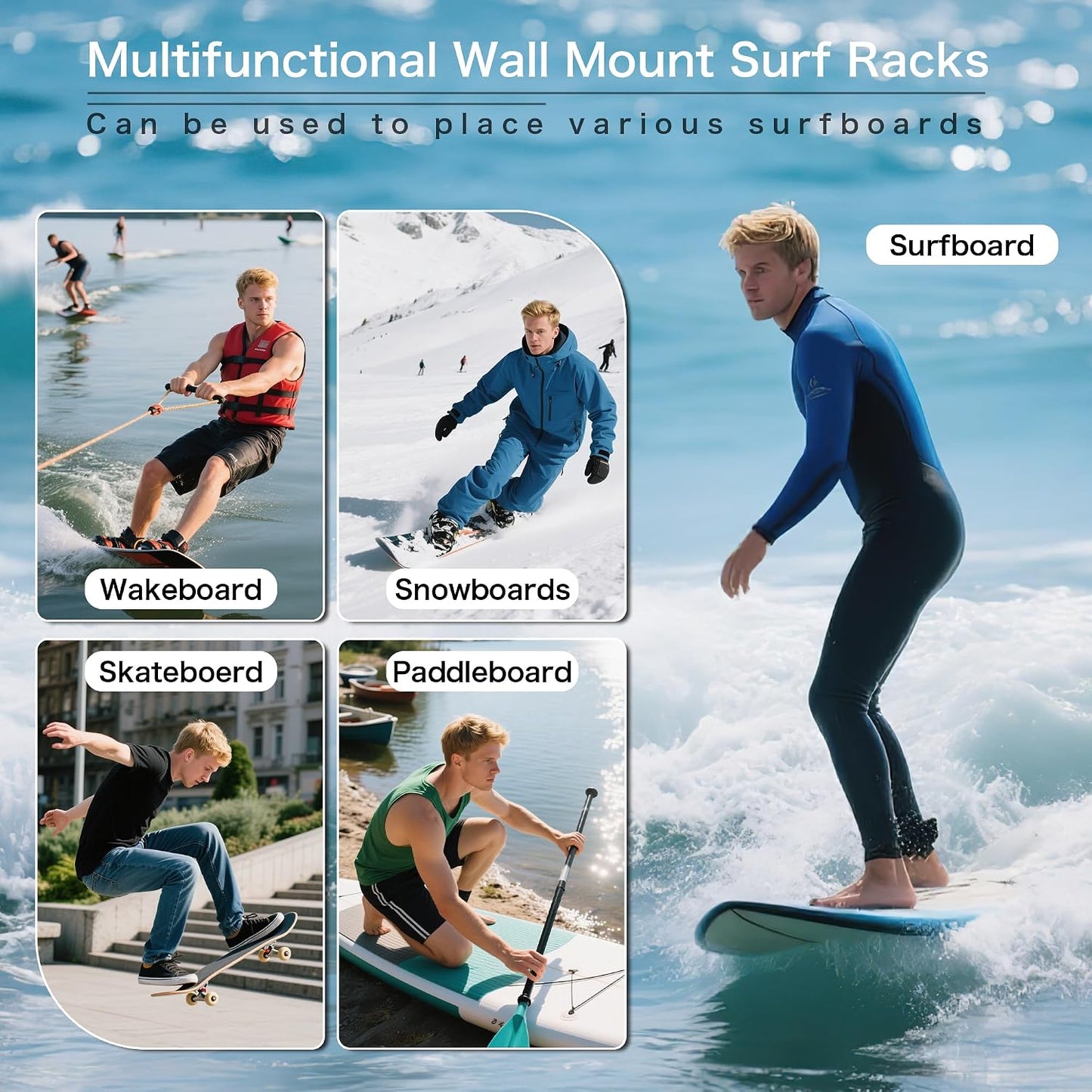 Surfboard Racks for Wall Mount, Wooden Surfboard Hanger, Wood Surf Board Stand Indoor or Outdoor, Surfboard Holder for Surf Racks, Paddleboard, Skimboard, Longboard (Dark)