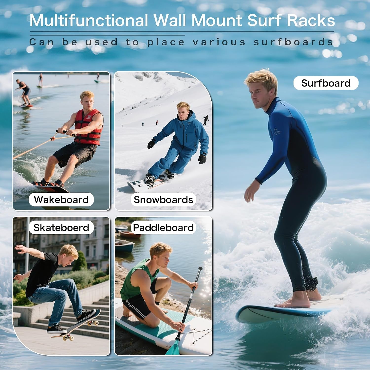 Surfboard Racks for Wall Mount, Wooden Surfboard Hanger, Wood Surf Board Stand Indoor or Outdoor, Surfboard Holder for Surf Racks, Paddleboard, Skimboard, Longboard (Dark)