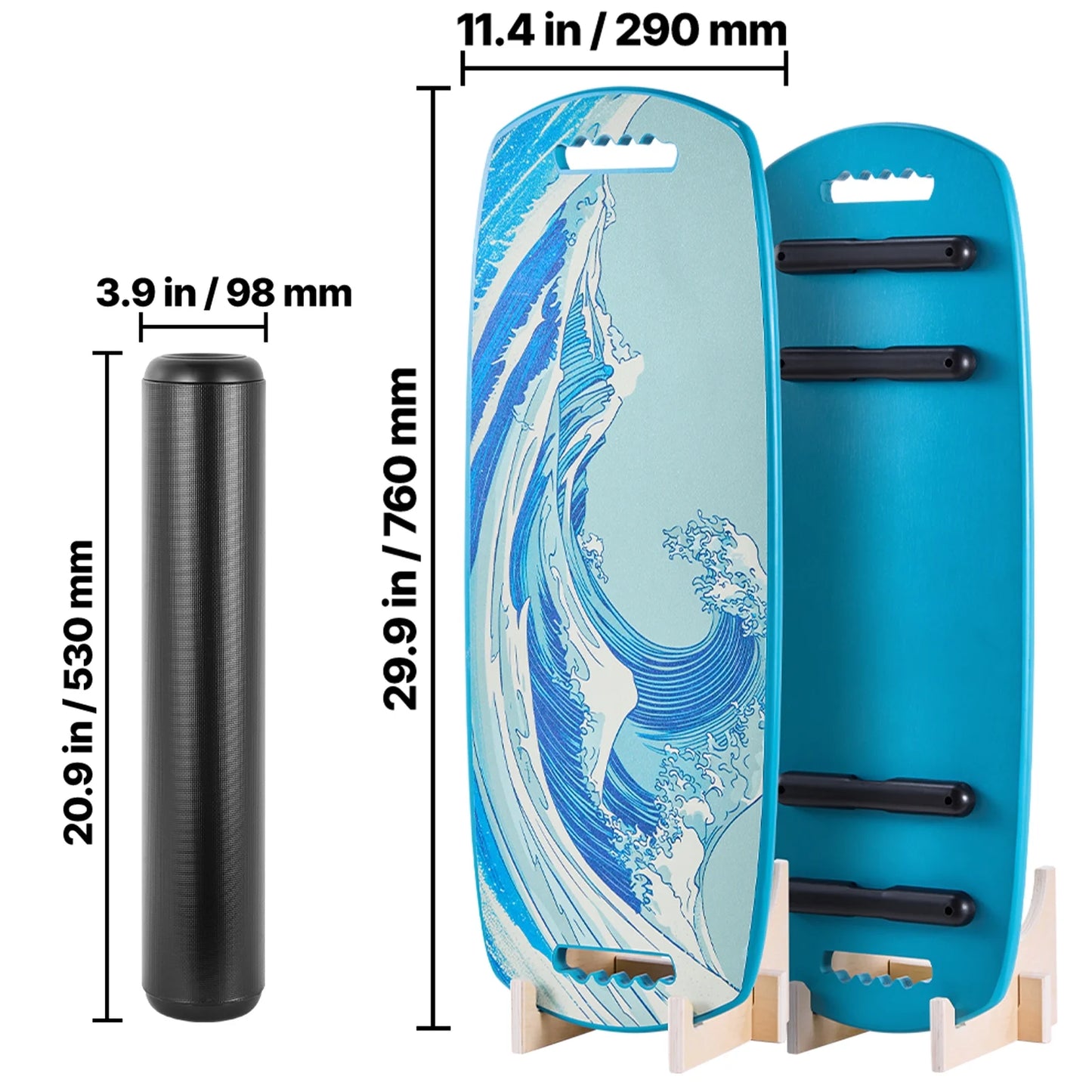 Wooden Balance Board Trainer with Roller, Adjustable Stoppers, and Storage Rack, Ideal for Core Exercises, Surf Training, and Physical Therapy, Blue