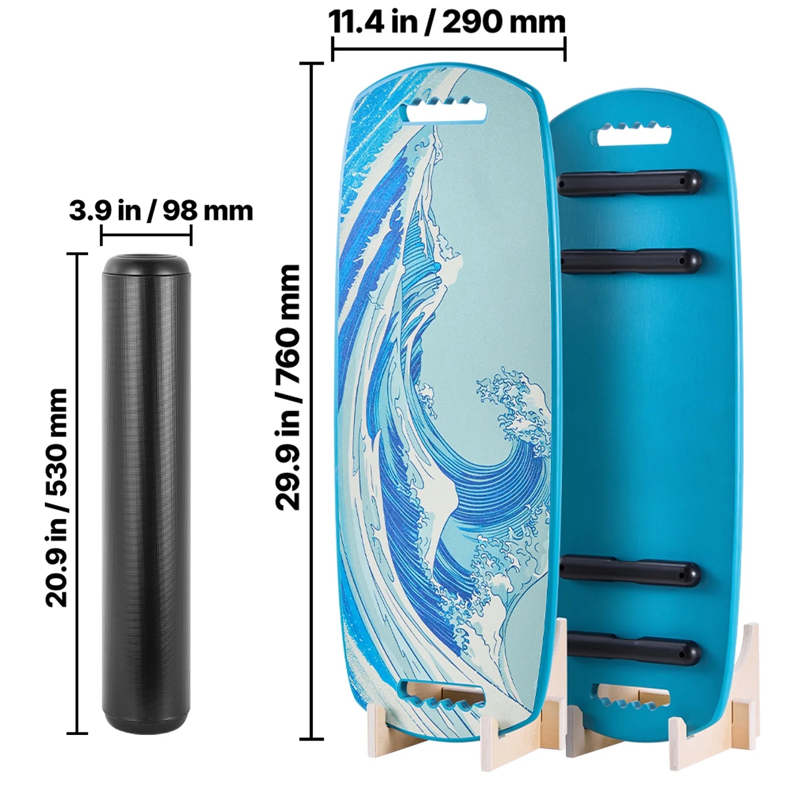 Wooden Balance Board Trainer with Roller, Adjustable Stoppers, and Storage Rack, Ideal for Core Exercises, Surf Training, and Physical Therapy, Blue